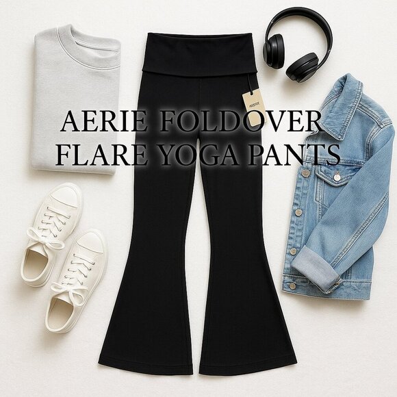 aerie Pants - NWT Aerie Offline Fold Over Hi-Rise OG Super Flare Black Workout Pants Womens XS